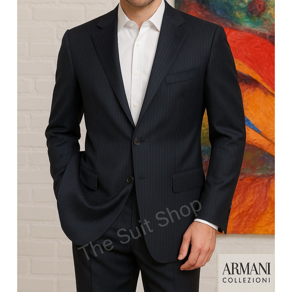 Armani Collezioni Mens 46L 39x31 Brown Black Stripe Designer Luxury Suit - Picture 2 of 16